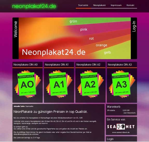 Joomla Webdesign Referenz: CMS Onlineshop für Neonplakate in Lübeck